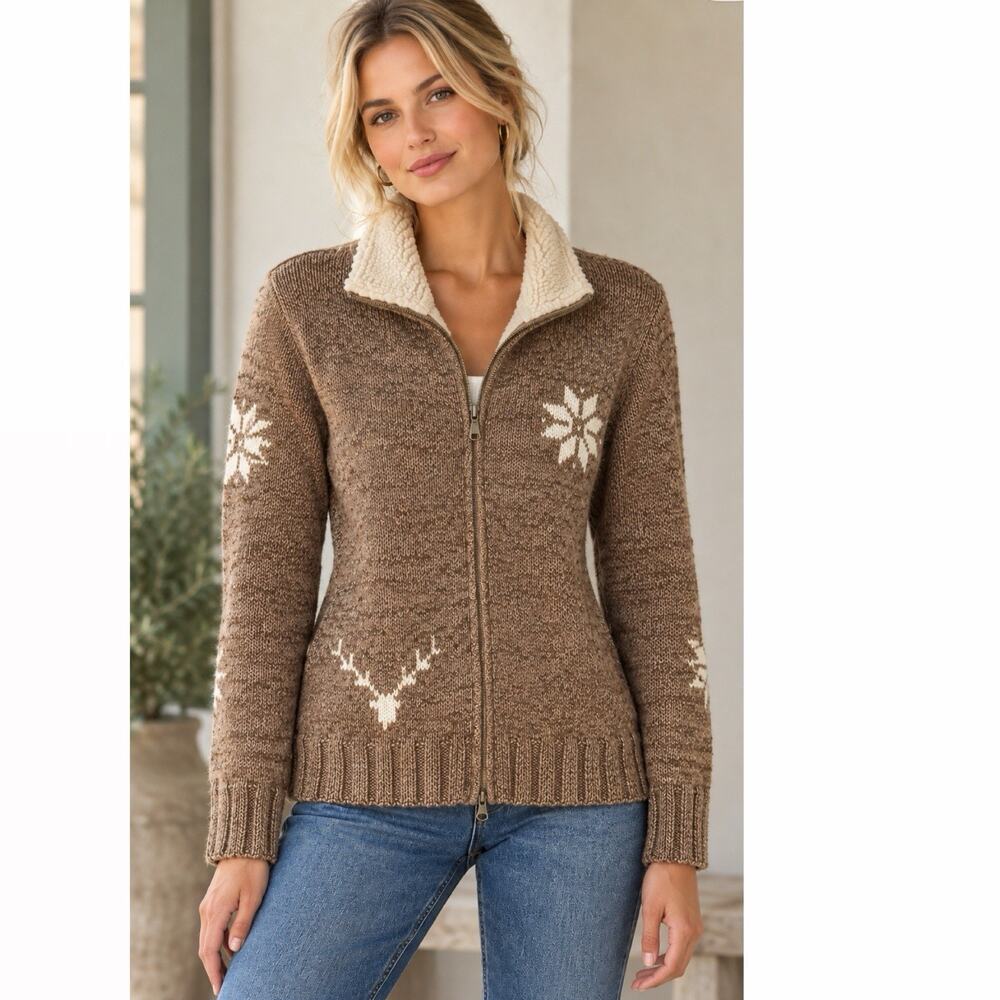 Fair Isle Cotton Zip up Sweater Fleece neckline Tan Size M Nordic Boho Jacket